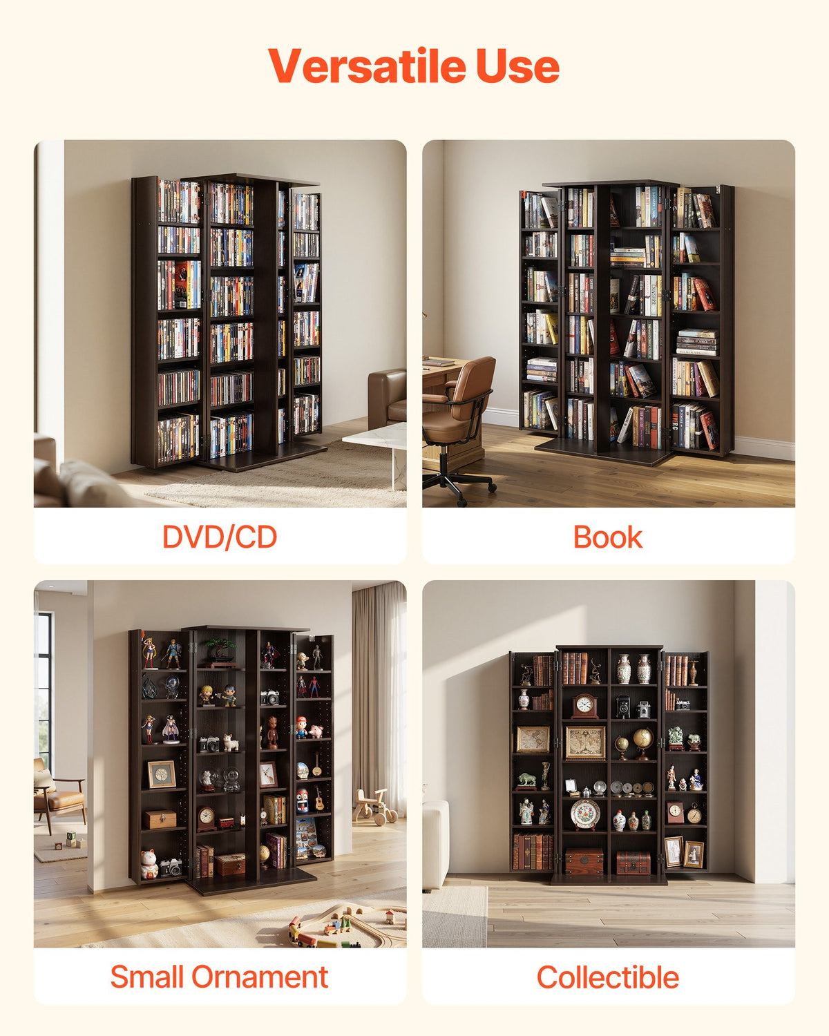 VEVOR Media Storage Cabinet, 6-Tier DVD Shelf Organizer, 24.02 x 14.49 x 50 in Multimedia Storage Organizer for CDs, DVDs, Books, Games, CD Shelf for Living Room, Home Office, Recording Room, Brown - CDCCJFBS24GSI4XH2001V0 - view 7