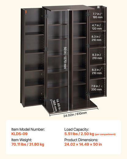 VEVOR Media Storage Cabinet, 6-Tier DVD Shelf Organizer, 24.02 x 14.49 x 50 in Multimedia Storage Organizer for CDs, DVDs, Books, Games, CD Shelf for Living Room, Home Office, Recording Room, Brown - CDCCJFBS24GSI4XH2001V0 - view 8