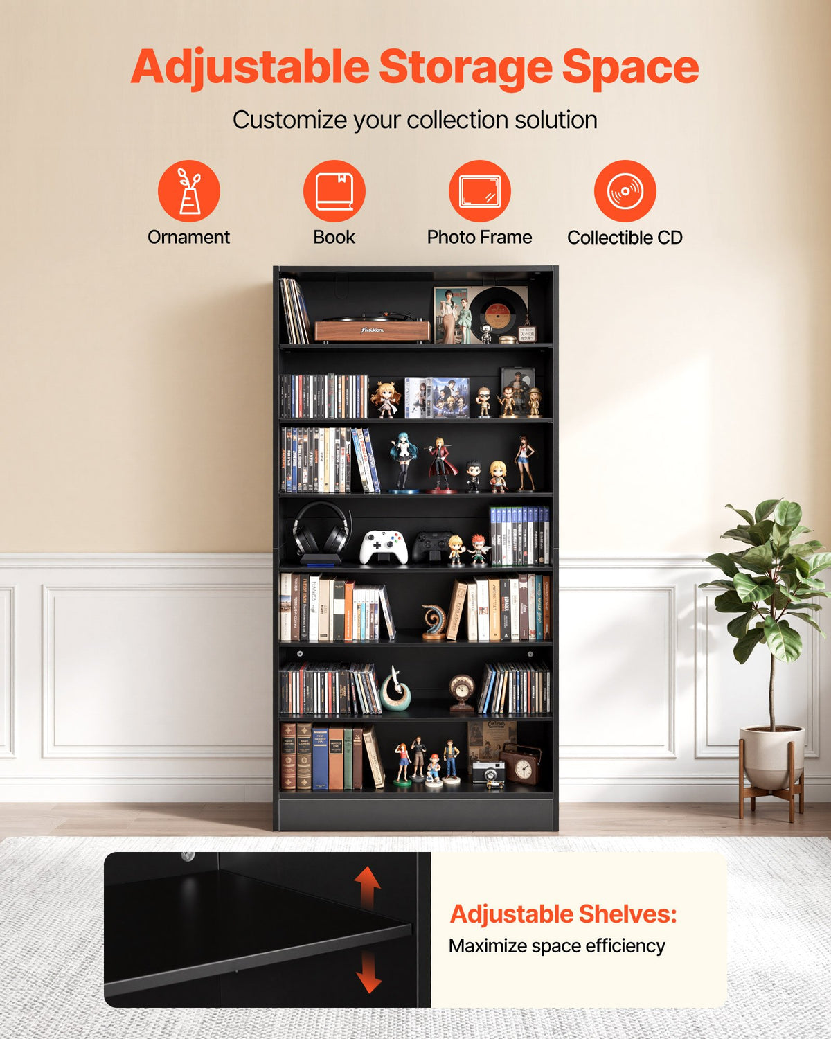 VEVOR Media Storage Cabinet, 7-Tier DVD Shelf Organizer, 27.56 x 11.81 x 55.12 in Multimedia Storage Organizer for CDs, DVDs, Books and Games, CD Shelf for Living Room, Home Office, Recording Room - CDCCJHSKFS7GJ9USX001V0 - view 3