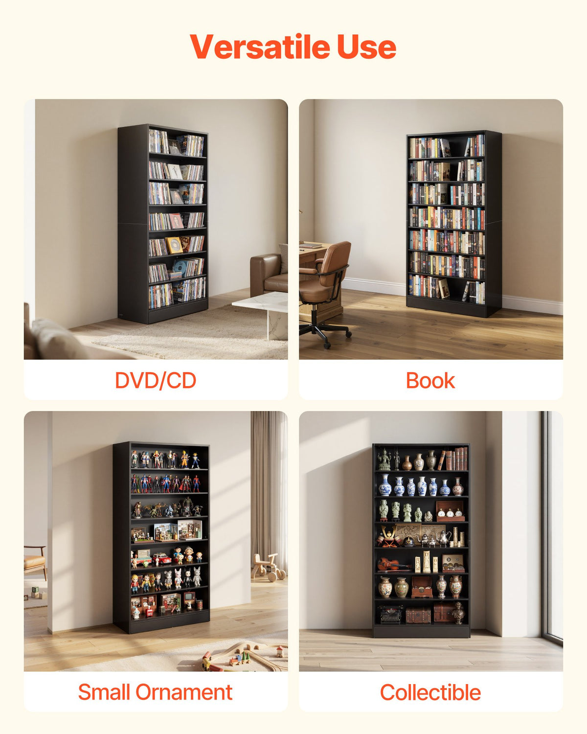 VEVOR Media Storage Cabinet, 7-Tier DVD Shelf Organizer, 27.56 x 11.81 x 55.12 in Multimedia Storage Organizer for CDs, DVDs, Books and Games, CD Shelf for Living Room, Home Office, Recording Room - CDCCJHSKFS7GJ9USX001V0 - view 7