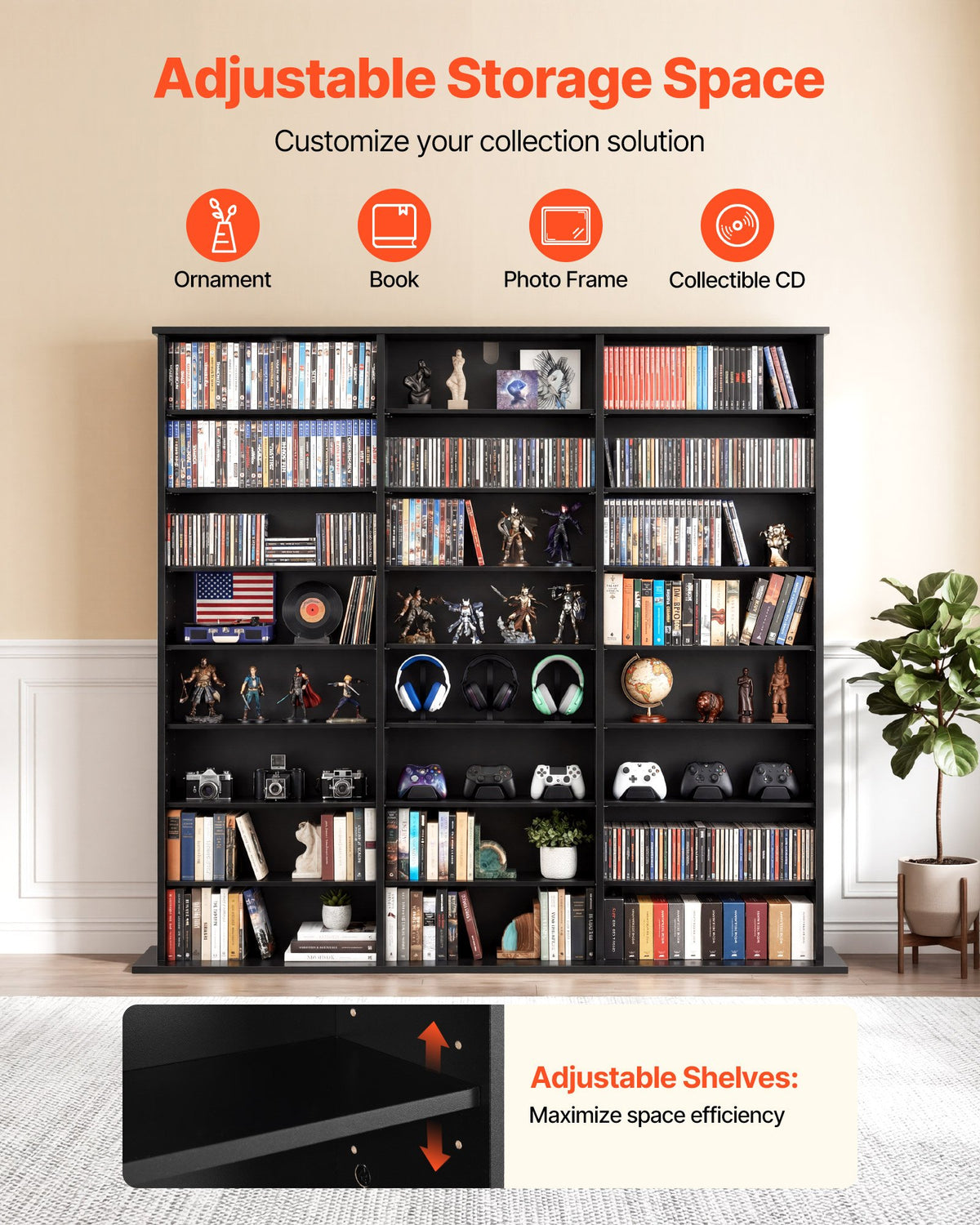 VEVOR Media Storage Cabinet, 8-Tier DVD Shelf Organizer, 55.91 x 8.66 x 51.18 in Multimedia Storage Organizer for CDs, DVDs, Books & Games, CD Shelf for Living Room, Home Office, Recording Room, Black - CDCCJKFS24GHLN8MC001V0 - view 3