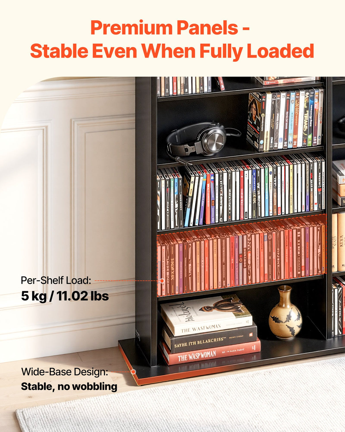 VEVOR Media Storage Cabinet, 8-Tier DVD Shelf Organizer, 55.91 x 8.66 x 51.18 in Multimedia Storage Organizer for CDs, DVDs, Books & Games, CD Shelf for Living Room, Home Office, Recording Room, Black - CDCCJKFS24GHLN8MC001V0 - view 4