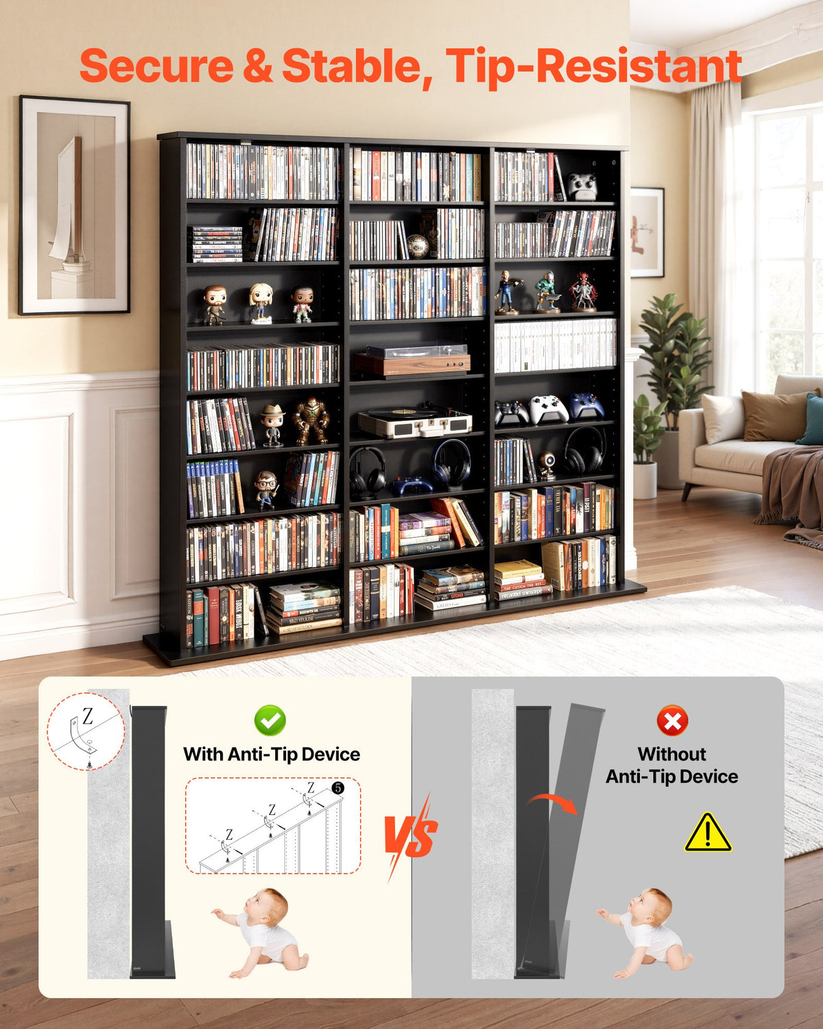 VEVOR Media Storage Cabinet, 8-Tier DVD Shelf Organizer, 55.91 x 8.66 x 51.18 in Multimedia Storage Organizer for CDs, DVDs, Books & Games, CD Shelf for Living Room, Home Office, Recording Room, Black - CDCCJKFS24GHLN8MC001V0 - view 5