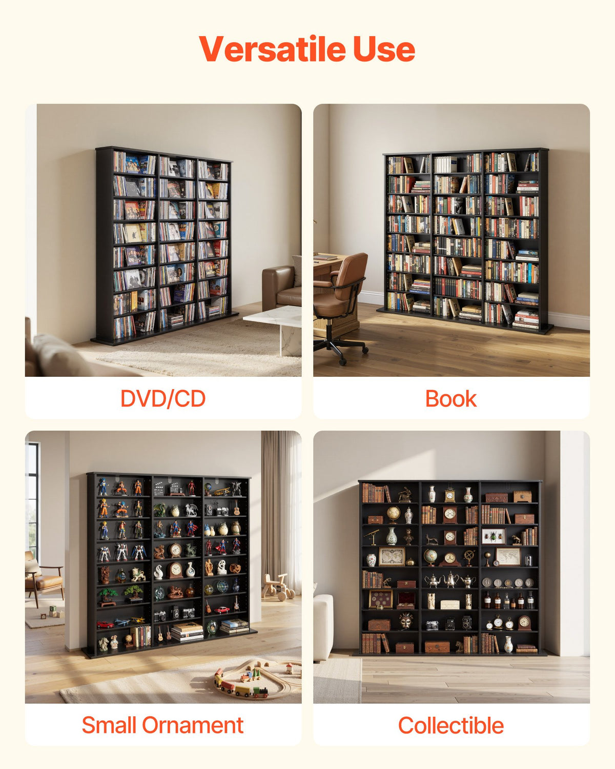 VEVOR Media Storage Cabinet, 8-Tier DVD Shelf Organizer, 55.91 x 8.66 x 51.18 in Multimedia Storage Organizer for CDs, DVDs, Books & Games, CD Shelf for Living Room, Home Office, Recording Room, Black - CDCCJKFS24GHLN8MC001V0 - view 7