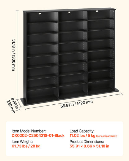 VEVOR Media Storage Cabinet, 8-Tier DVD Shelf Organizer, 55.91 x 8.66 x 51.18 in Multimedia Storage Organizer for CDs, DVDs, Books & Games, CD Shelf for Living Room, Home Office, Recording Room, Black - CDCCJKFS24GHLN8MC001V0 - view 8