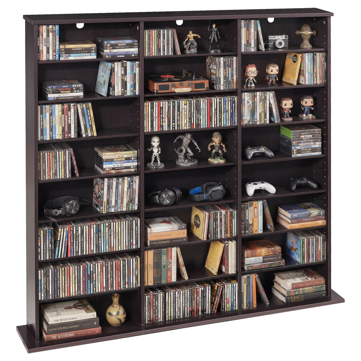 VEVOR Media Storage Cabinet, 8-Tier DVD Shelf Organizer, 55.91 x 8.66 x 51.18 in Multimedia Storage Organizer for CDs, DVDs, Books & Games, CD Shelf for Living Room, Home Office, Recording Room, Brown - CDCCJKFS24GS426SB001V0 - view 1