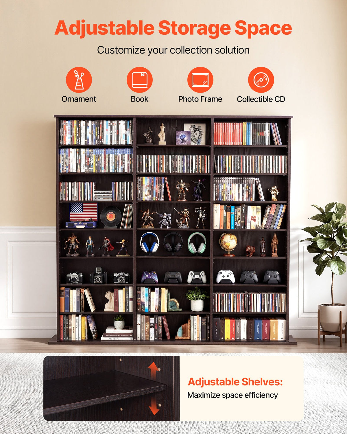 VEVOR Media Storage Cabinet, 8-Tier DVD Shelf Organizer, 55.91 x 8.66 x 51.18 in Multimedia Storage Organizer for CDs, DVDs, Books & Games, CD Shelf for Living Room, Home Office, Recording Room, Brown - CDCCJKFS24GS426SB001V0 - view 3