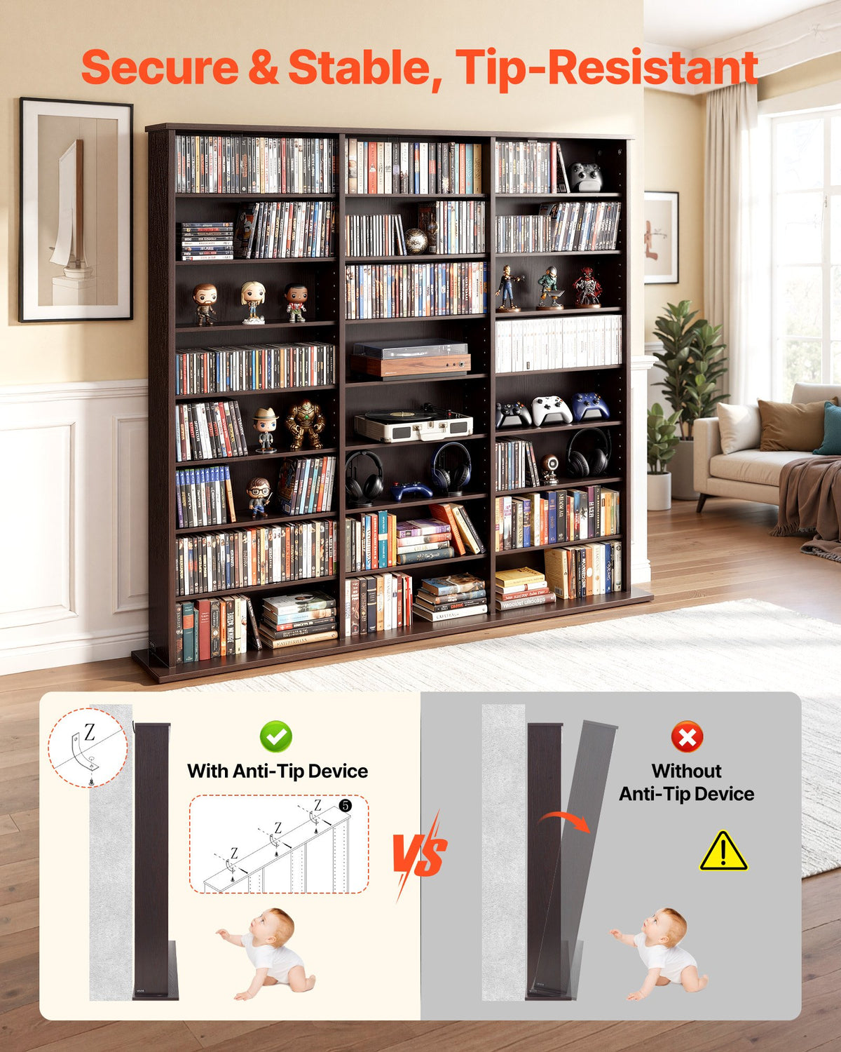VEVOR Media Storage Cabinet, 8-Tier DVD Shelf Organizer, 55.91 x 8.66 x 51.18 in Multimedia Storage Organizer for CDs, DVDs, Books & Games, CD Shelf for Living Room, Home Office, Recording Room, Brown - CDCCJKFS24GS426SB001V0 - view 5