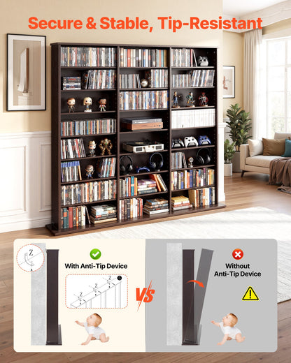VEVOR Media Storage Cabinet, 8-Tier DVD Shelf Organizer, 55.91 x 8.66 x 51.18 in Multimedia Storage Organizer for CDs, DVDs, Books & Games, CD Shelf for Living Room, Home Office, Recording Room, Brown - CDCCJKFS24GS426SB001V0 - view 5