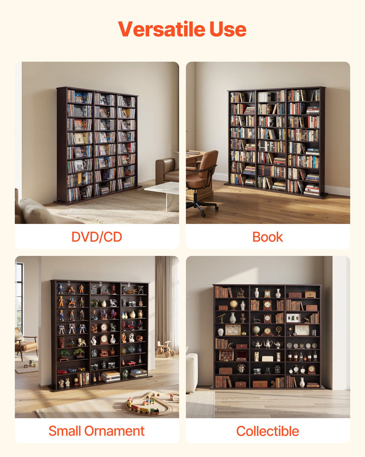 VEVOR Media Storage Cabinet, 8-Tier DVD Shelf Organizer, 55.91 x 8.66 x 51.18 in Multimedia Storage Organizer for CDs, DVDs, Books & Games, CD Shelf for Living Room, Home Office, Recording Room, Brown - CDCCJKFS24GS426SB001V0 - view 7