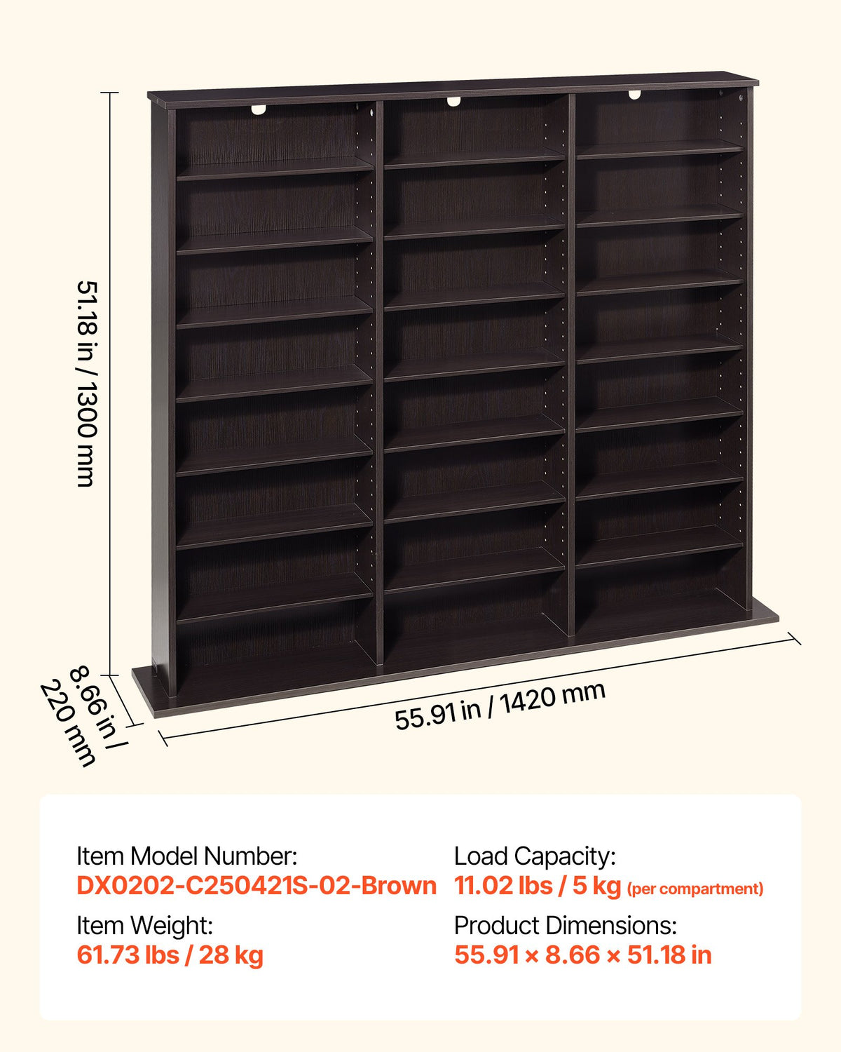 VEVOR Media Storage Cabinet, 8-Tier DVD Shelf Organizer, 55.91 x 8.66 x 51.18 in Multimedia Storage Organizer for CDs, DVDs, Books & Games, CD Shelf for Living Room, Home Office, Recording Room, Brown - CDCCJKFS24GS426SB001V0 - view 8