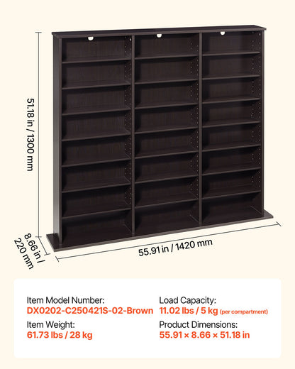 VEVOR Media Storage Cabinet, 8-Tier DVD Shelf Organizer, 55.91 x 8.66 x 51.18 in Multimedia Storage Organizer for CDs, DVDs, Books & Games, CD Shelf for Living Room, Home Office, Recording Room, Brown - CDCCJKFS24GS426SB001V0 - view 8
