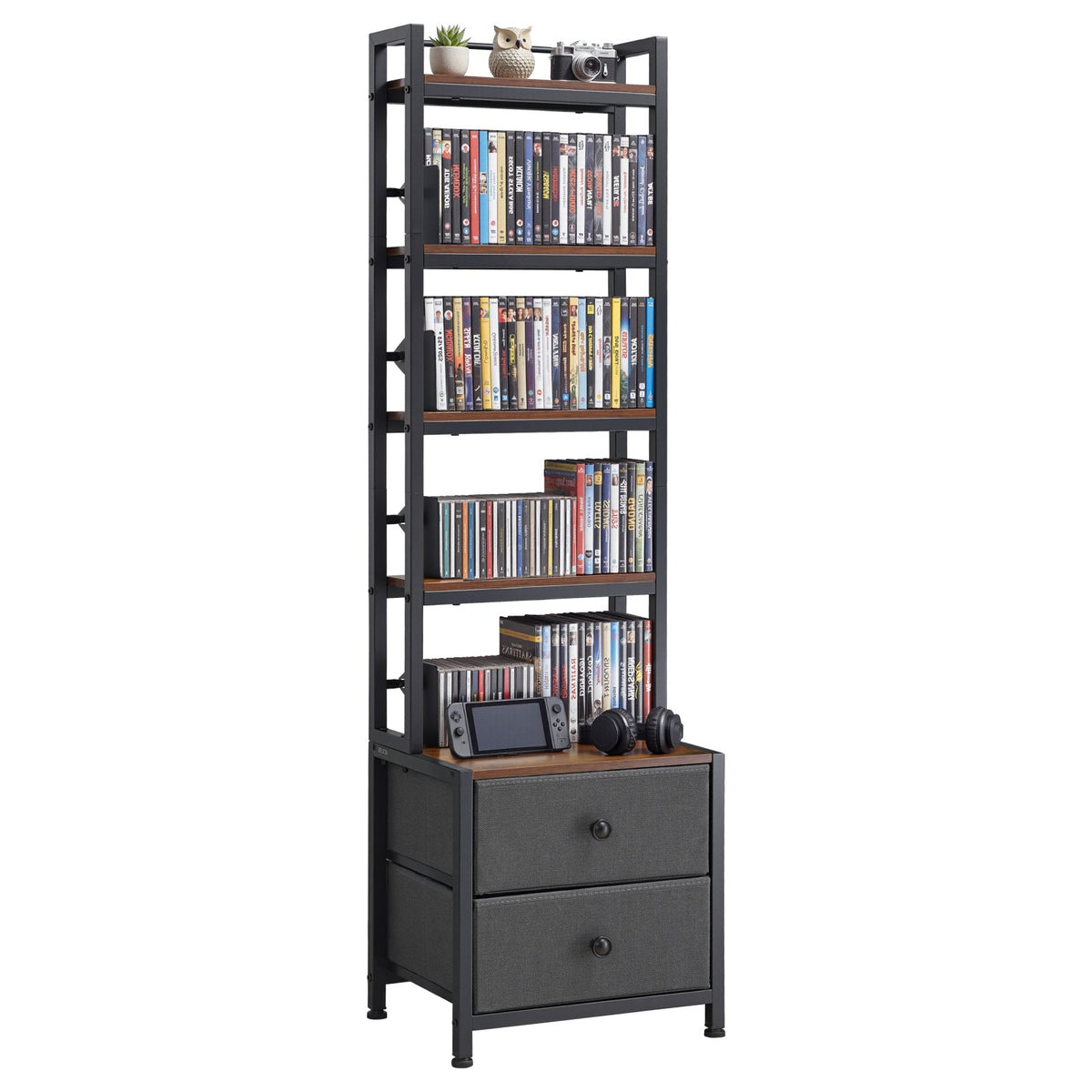 VEVOR Media Storage Cabinet, 4-Shelf DVD Shelf Organizer with Drawers, 15.75 x 11.81 x 56.50 in Multimedia Storage Organizer for CDs, DVDs, Books and Games, CD Cabinet for Living Room, Home Office - CDCCJLDSSNJ6U6Z4D001V0 - view 1