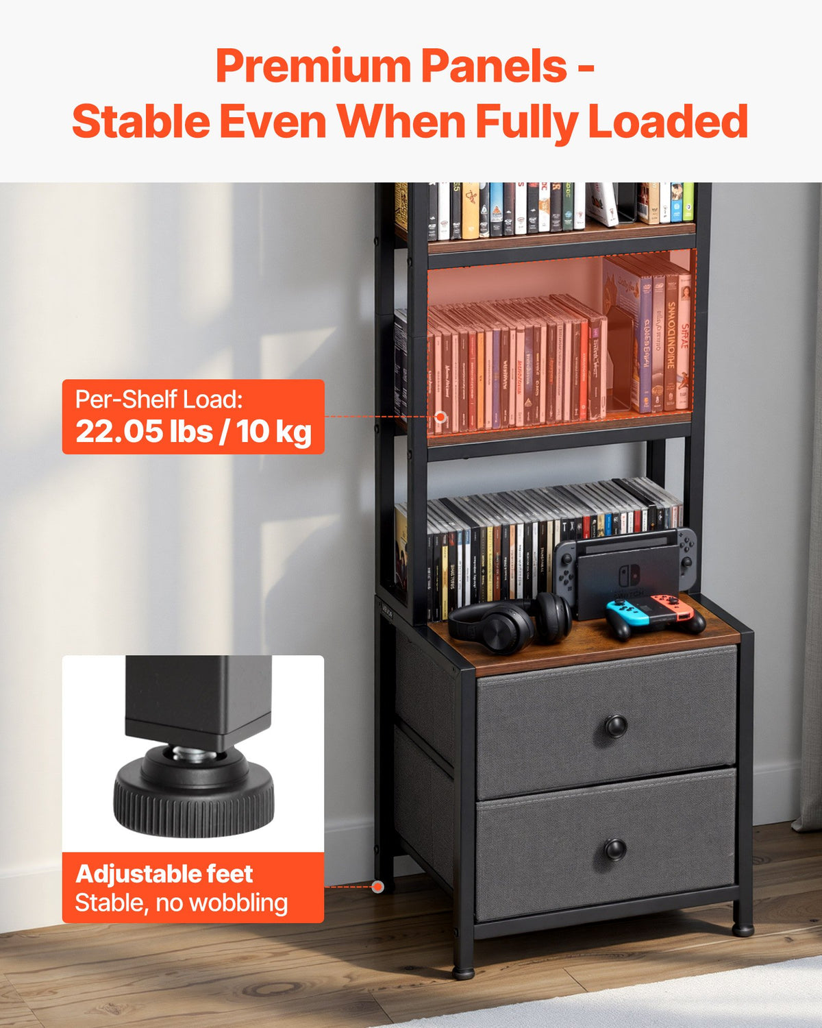 VEVOR Media Storage Cabinet, 4-Shelf DVD Shelf Organizer with Drawers, 15.75 x 11.81 x 56.50 in Multimedia Storage Organizer for CDs, DVDs, Books and Games, CD Cabinet for Living Room, Home Office - CDCCJLDSSNJ6U6Z4D001V0 - view 4