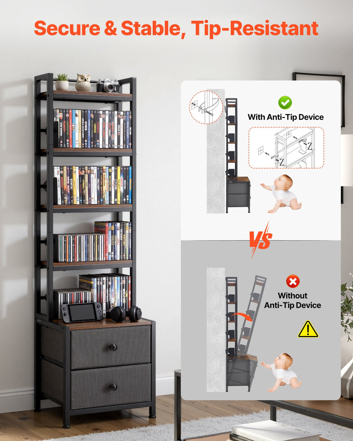 VEVOR Media Storage Cabinet, 4-Shelf DVD Shelf Organizer with Drawers, 15.75 x 11.81 x 56.50 in Multimedia Storage Organizer for CDs, DVDs, Books and Games, CD Cabinet for Living Room, Home Office - CDCCJLDSSNJ6U6Z4D001V0 - view 5