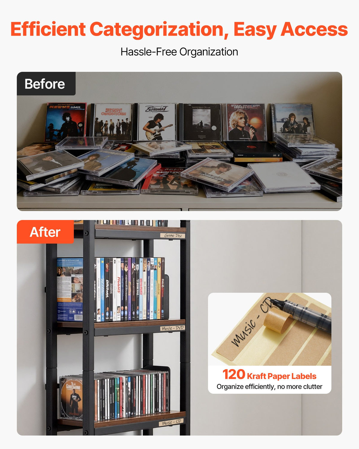 VEVOR Media Storage Cabinet, 4-Shelf DVD Shelf Organizer with Drawers, 15.75 x 11.81 x 56.50 in Multimedia Storage Organizer for CDs, DVDs, Books and Games, CD Cabinet for Living Room, Home Office - CDCCJLDSSNJ6U6Z4D001V0 - view 6