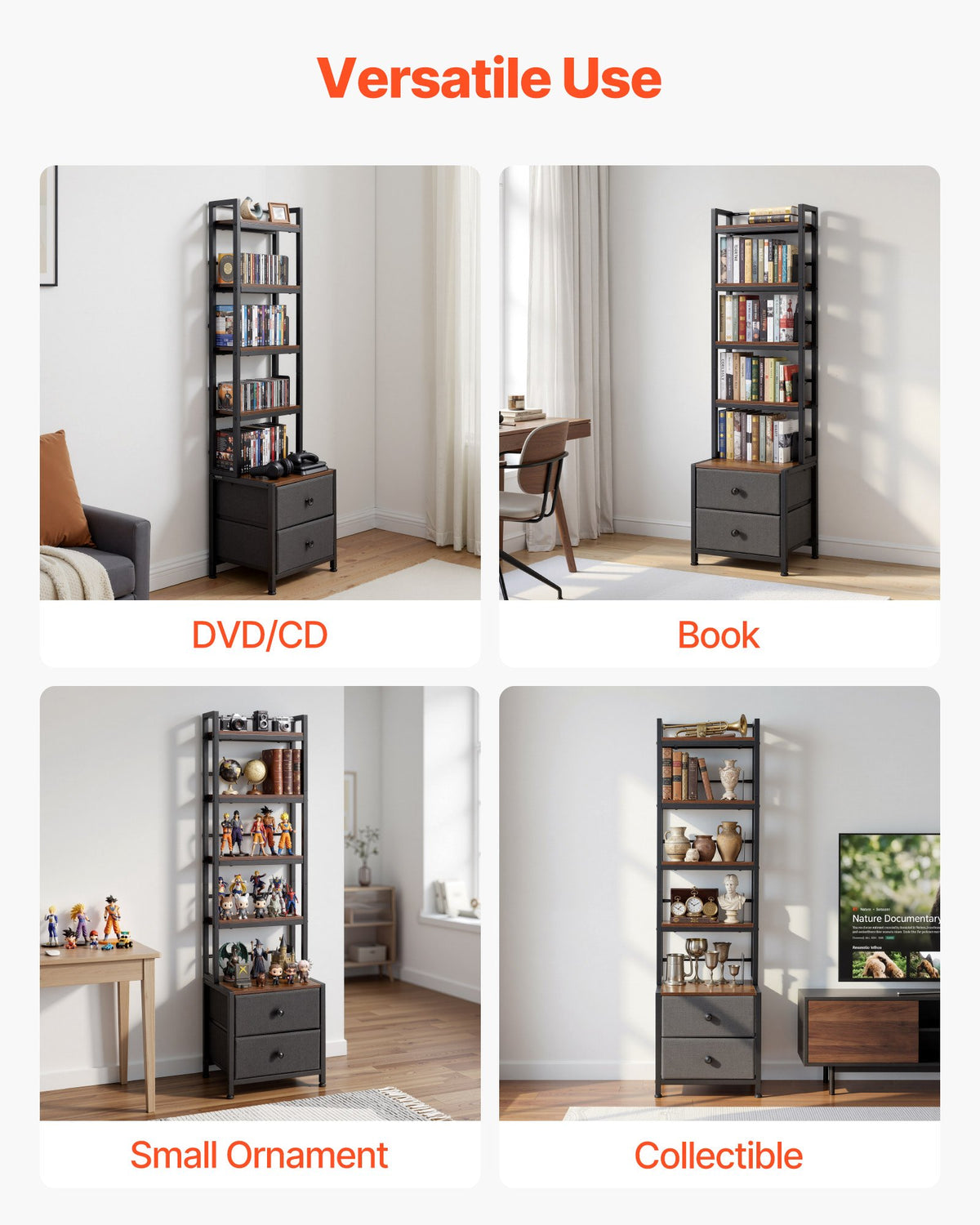 VEVOR Media Storage Cabinet, 4-Shelf DVD Shelf Organizer with Drawers, 15.75 x 11.81 x 56.50 in Multimedia Storage Organizer for CDs, DVDs, Books and Games, CD Cabinet for Living Room, Home Office - CDCCJLDSSNJ6U6Z4D001V0 - view 7