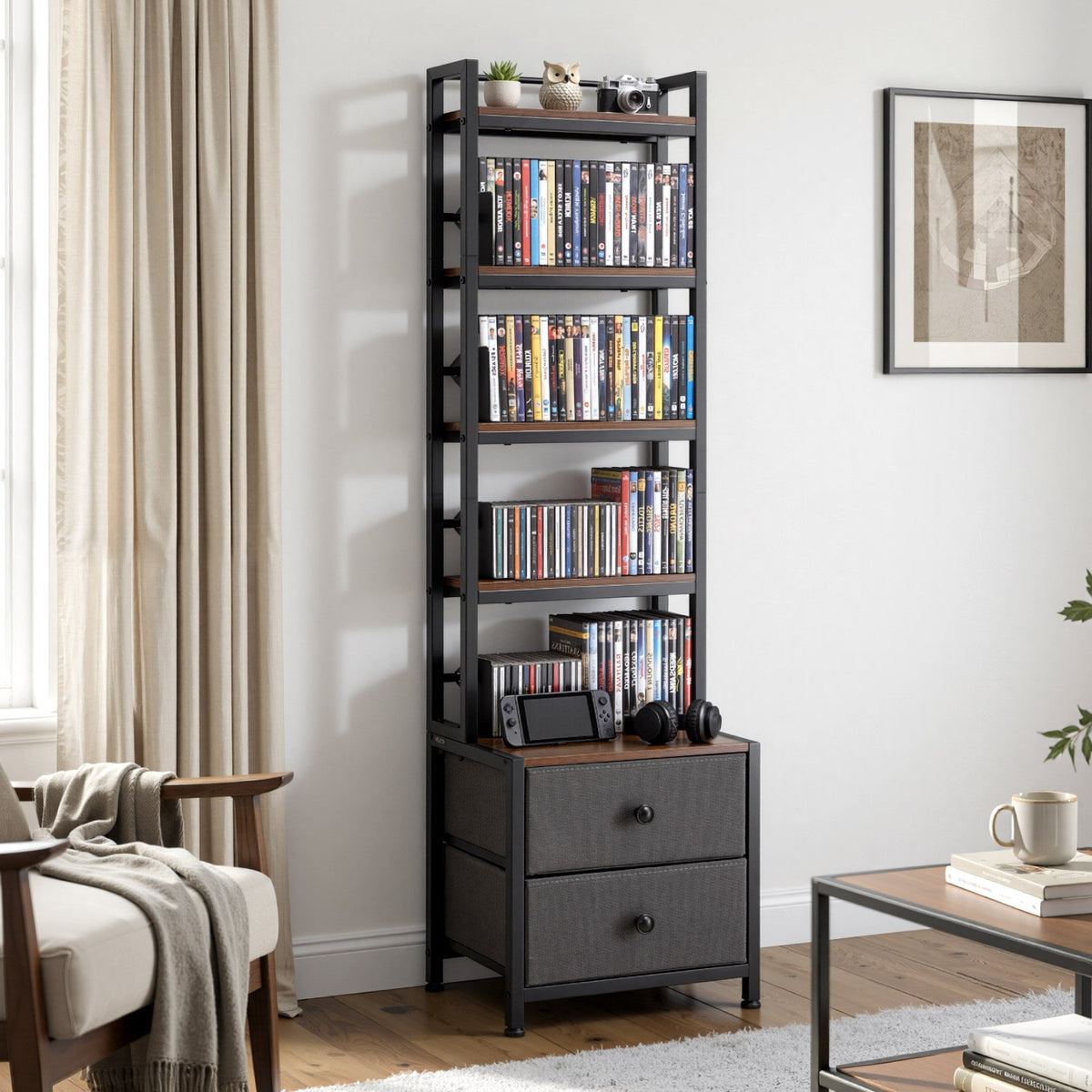 VEVOR Media Storage Cabinet, 4-Shelf DVD Shelf Organizer with Drawers, 15.75 x 11.81 x 56.50 in Multimedia Storage Organizer for CDs, DVDs, Books and Games, CD Cabinet for Living Room, Home Office - CDCCJLDSSNJ6U6Z4D001V0 - view 9
