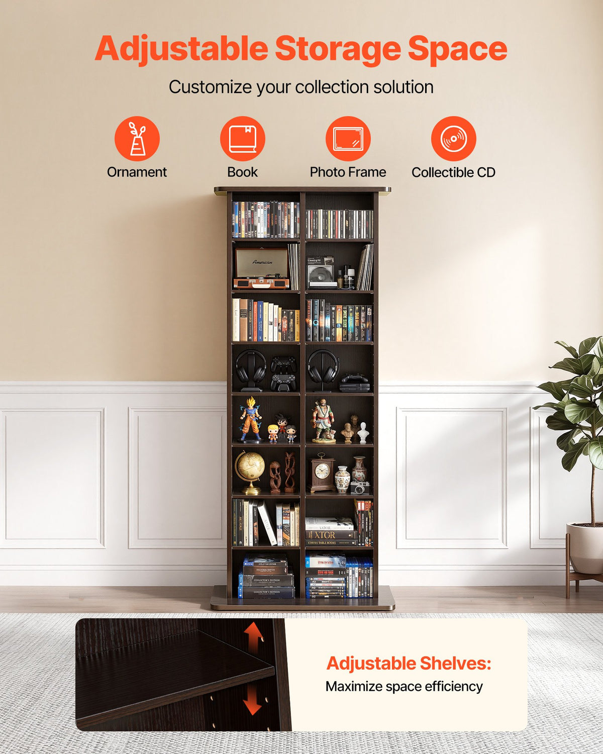 VEVOR Media Storage Cabinet, 8-Tier DVD Shelf Organizer, 22.01 x 8.74 x 50.98 in Multimedia Storage Organizer for CDs, DVDs, Books and Games, CD Shelf for Living Room, Home Office, Recording Room - CDCCJSKSTDKF9FXE7001V0 - view 3
