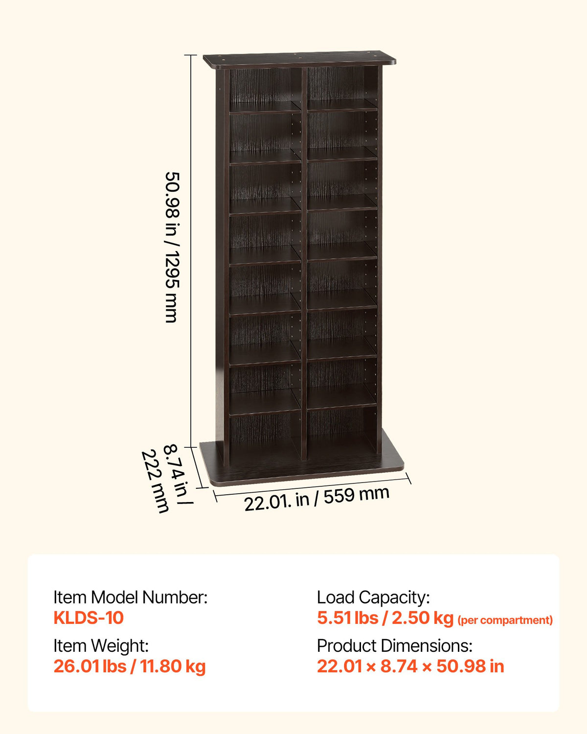 VEVOR Media Storage Cabinet, 8-Tier DVD Shelf Organizer, 22.01 x 8.74 x 50.98 in Multimedia Storage Organizer for CDs, DVDs, Books and Games, CD Shelf for Living Room, Home Office, Recording Room - CDCCJSKSTDKF9FXE7001V0 - view 8