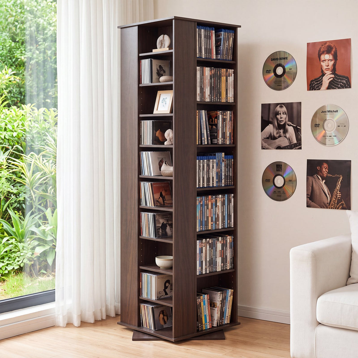 VEVOR Media Storage Cabinet, CD Rack Tower, 34 Compartments Rotating Media Tower Rack for CDs, DVDs, Books and Game Discs, DVD Stand for Living Room, Home Office and Recording Room, Brown - CDCCJSKSTDXZFAFHT001V0 - view 1