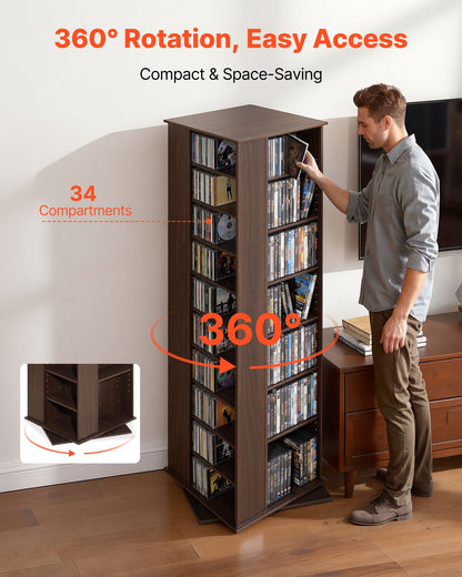 VEVOR Media Storage Cabinet, CD Rack Tower, 34 Compartments Rotating Media Tower Rack for CDs, DVDs, Books and Game Discs, DVD Stand for Living Room, Home Office and Recording Room, Brown - CDCCJSKSTDXZFAFHT001V0 - view 3