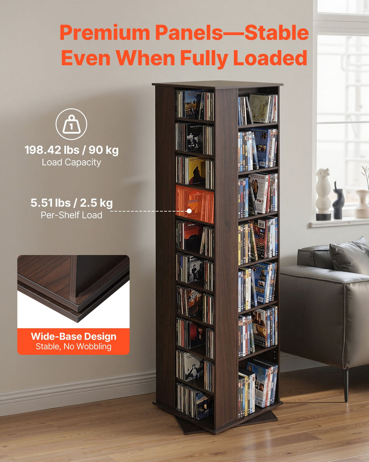 VEVOR Media Storage Cabinet, CD Rack Tower, 34 Compartments Rotating Media Tower Rack for CDs, DVDs, Books and Game Discs, DVD Stand for Living Room, Home Office and Recording Room, Brown - CDCCJSKSTDXZFAFHT001V0 - view 4