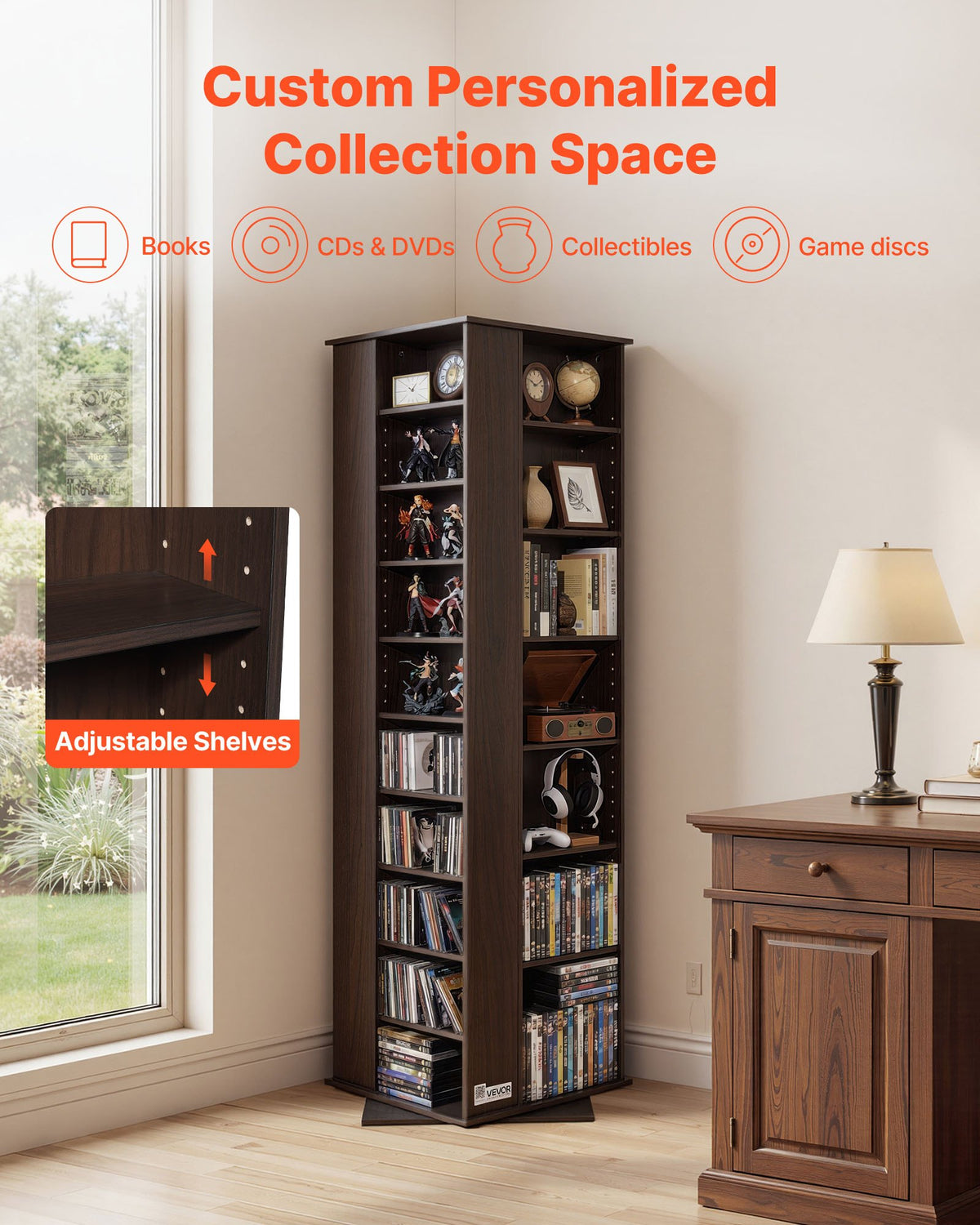 VEVOR Media Storage Cabinet, CD Rack Tower, 34 Compartments Rotating Media Tower Rack for CDs, DVDs, Books and Game Discs, DVD Stand for Living Room, Home Office and Recording Room, Brown - CDCCJSKSTDXZFAFHT001V0 - view 5