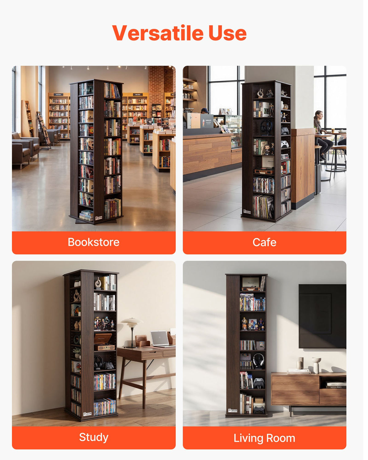 VEVOR Media Storage Cabinet, CD Rack Tower, 34 Compartments Rotating Media Tower Rack for CDs, DVDs, Books and Game Discs, DVD Stand for Living Room, Home Office and Recording Room, Brown - CDCCJSKSTDXZFAFHT001V0 - view 7