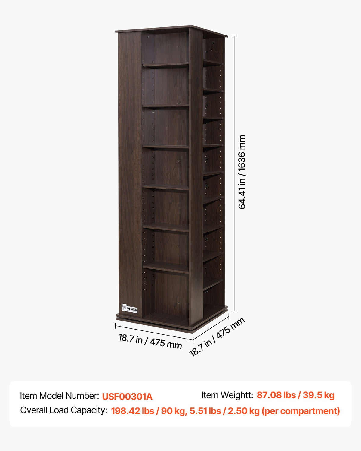 VEVOR Media Storage Cabinet, CD Rack Tower, 34 Compartments Rotating Media Tower Rack for CDs, DVDs, Books and Game Discs, DVD Stand for Living Room, Home Office and Recording Room, Brown - CDCCJSKSTDXZFAFHT001V0 - view 8