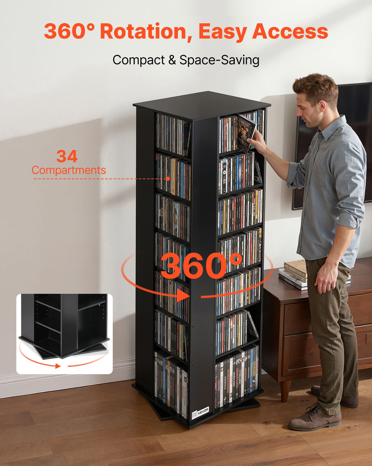 VEVOR Media Storage Cabinet, CD Rack Tower, 34 Compartments Rotating Media Tower Rack for CDs, DVDs, Books and Game Discs, DVD Stand for Living Room, Home Office and Recording Room, Black - CDCCJXZS34GHL5RNW001V0 - view 3