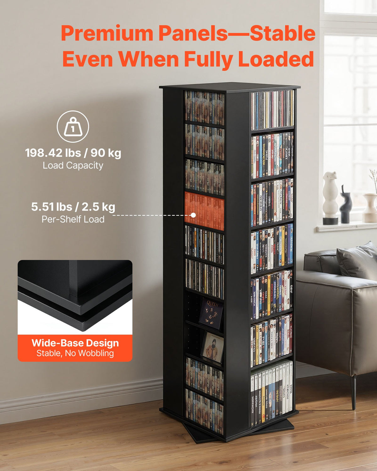 VEVOR Media Storage Cabinet, CD Rack Tower, 34 Compartments Rotating Media Tower Rack for CDs, DVDs, Books and Game Discs, DVD Stand for Living Room, Home Office and Recording Room, Black - CDCCJXZS34GHL5RNW001V0 - view 4