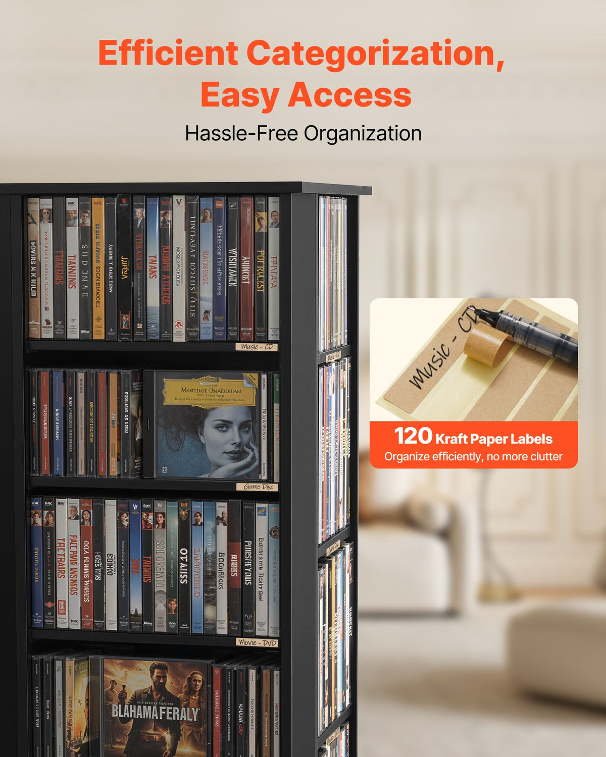 VEVOR Media Storage Cabinet, CD Rack Tower, 34 Compartments Rotating Media Tower Rack for CDs, DVDs, Books and Game Discs, DVD Stand for Living Room, Home Office and Recording Room, Black - CDCCJXZS34GHL5RNW001V0 - view 6