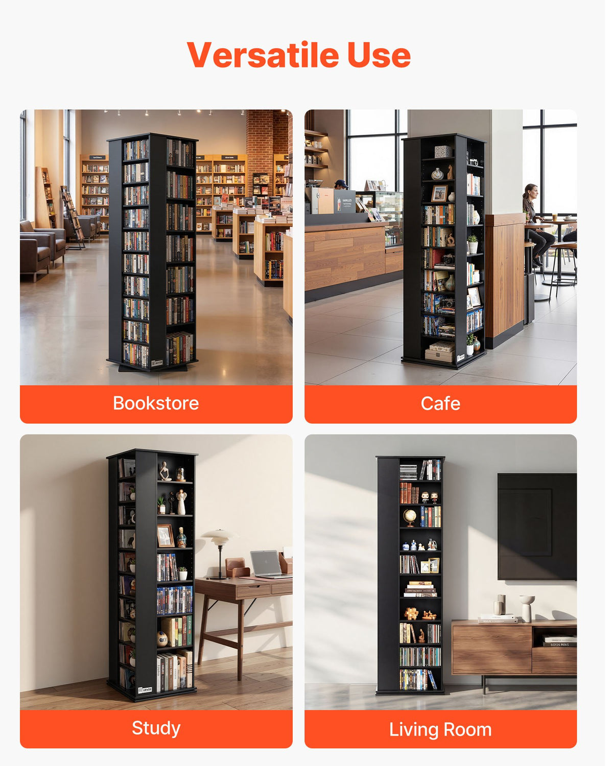 VEVOR Media Storage Cabinet, CD Rack Tower, 34 Compartments Rotating Media Tower Rack for CDs, DVDs, Books and Game Discs, DVD Stand for Living Room, Home Office and Recording Room, Black - CDCCJXZS34GHL5RNW001V0 - view 7