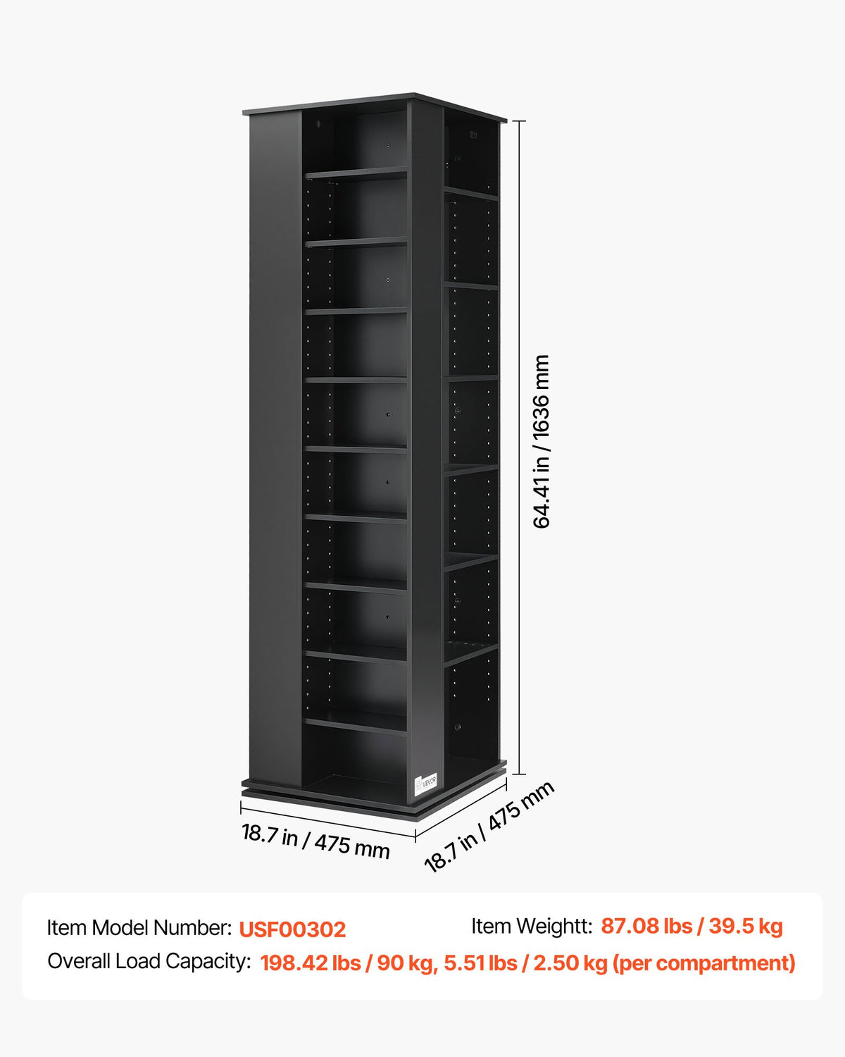 VEVOR Media Storage Cabinet, CD Rack Tower, 34 Compartments Rotating Media Tower Rack for CDs, DVDs, Books and Game Discs, DVD Stand for Living Room, Home Office and Recording Room, Black - CDCCJXZS34GHL5RNW001V0 - view 8
