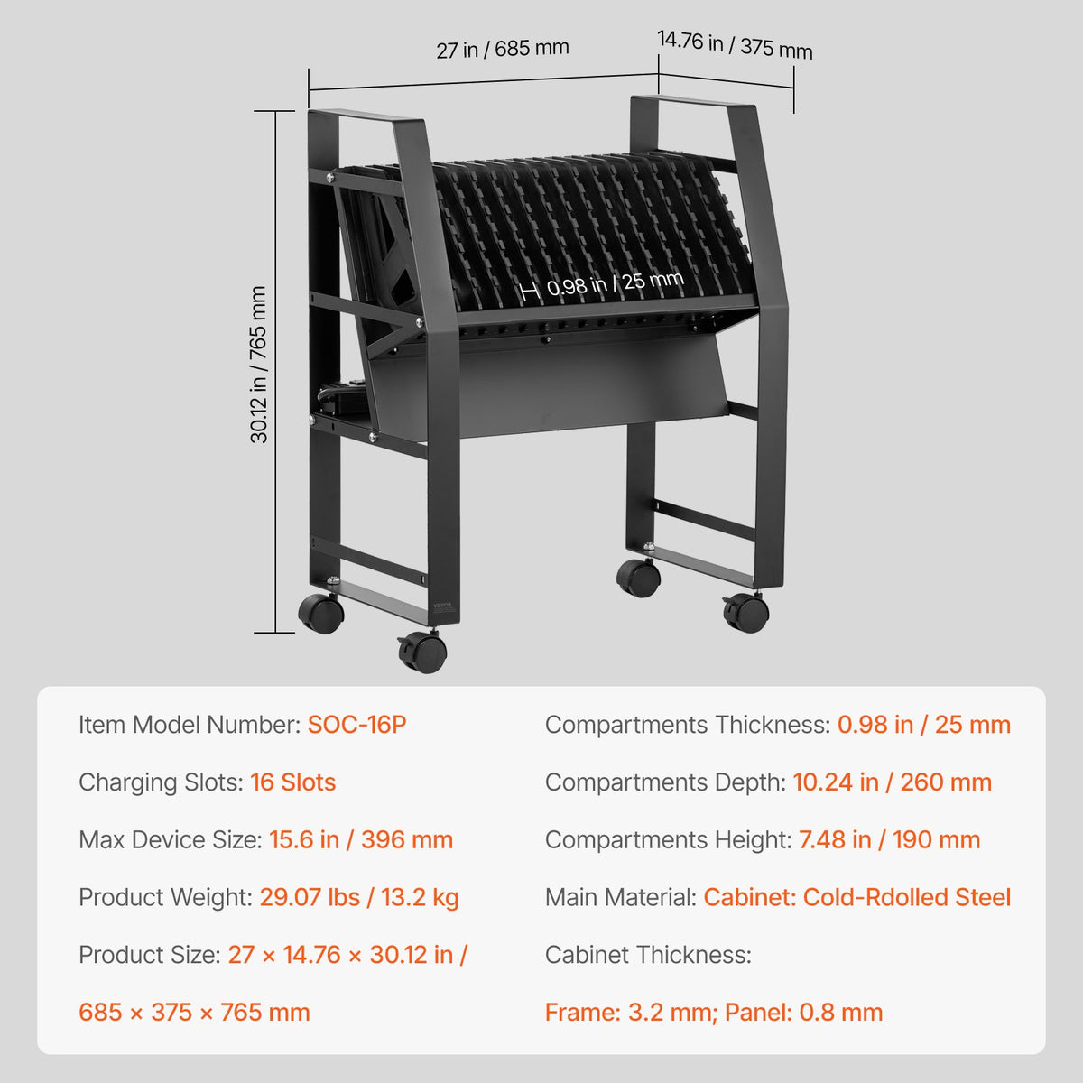 VEVOR Charging Cart, 16 Device Mobile Open Charging Station, Up to 15.6 in Screen Size, Office and Classroom Mobile Charging Cart, for Chromebook, Tablet and Laptop - CDCKFS156INCI9KJIV1 - view 8
