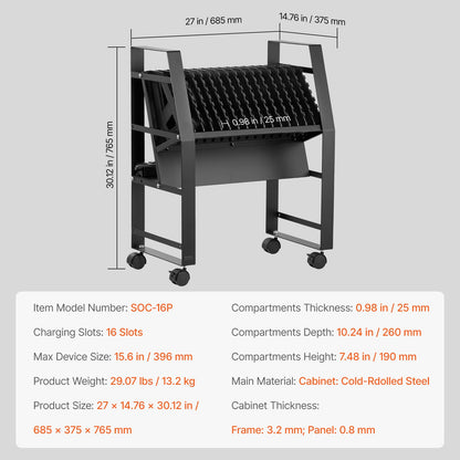 VEVOR Charging Cart, 16 Device Mobile Open Charging Station, Up to 15.6 in Screen Size, Office and Classroom Mobile Charging Cart, for Chromebook, Tablet and Laptop - CDCKFS156INCI9KJIV1 - view 8