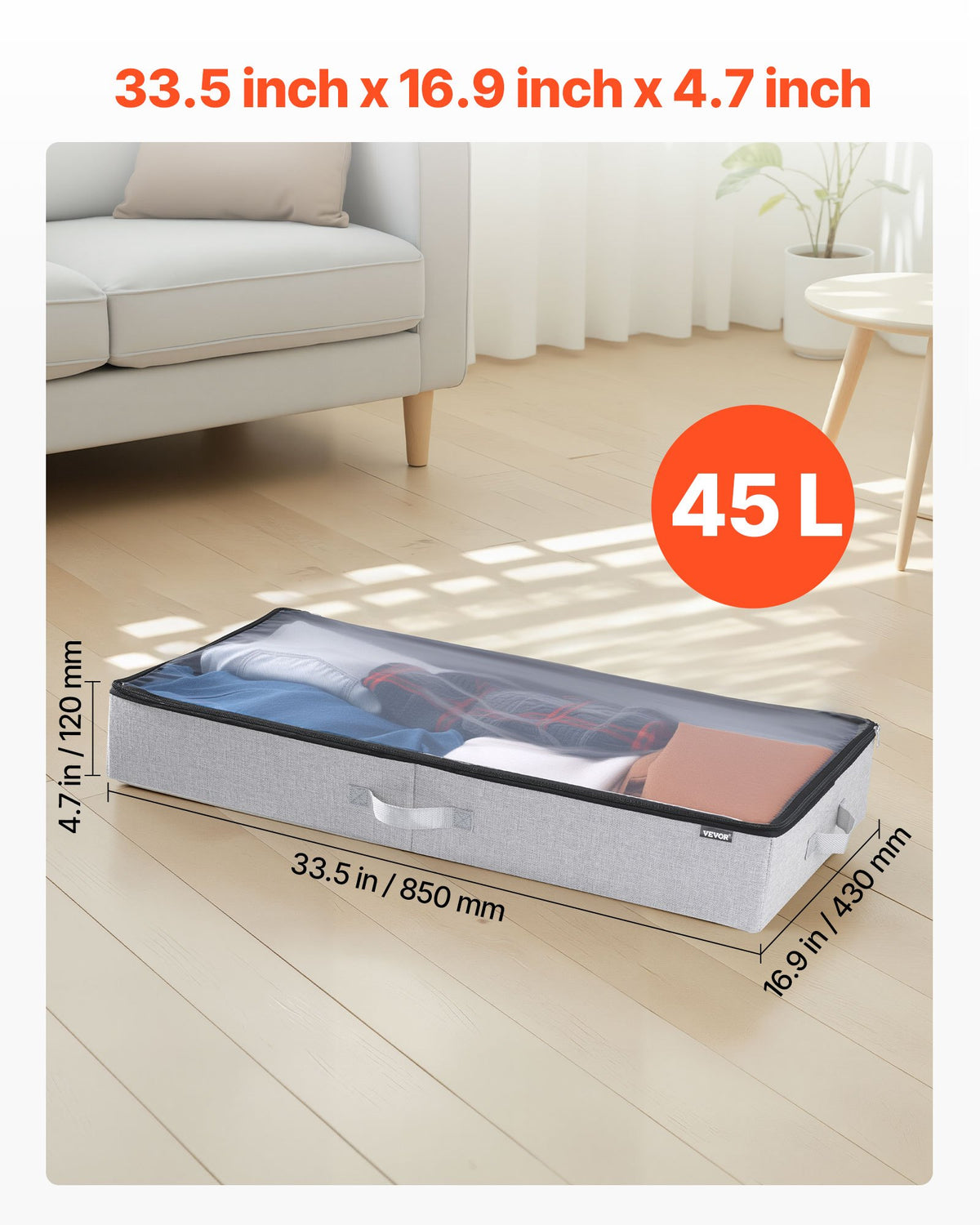 VEVOR Under Bed Storage with Clear Lids, 33.5 x 16.9 x 4.7 Inch, 45L Large Underbed Clothes Storage Containers, Low Profile Under Bed Drawer Shoe Organizer Bins Box for Blanket Shoe Bedroom, 2 Pack - CDCWFBFMBWL3PGY9Y001V0 - view 4