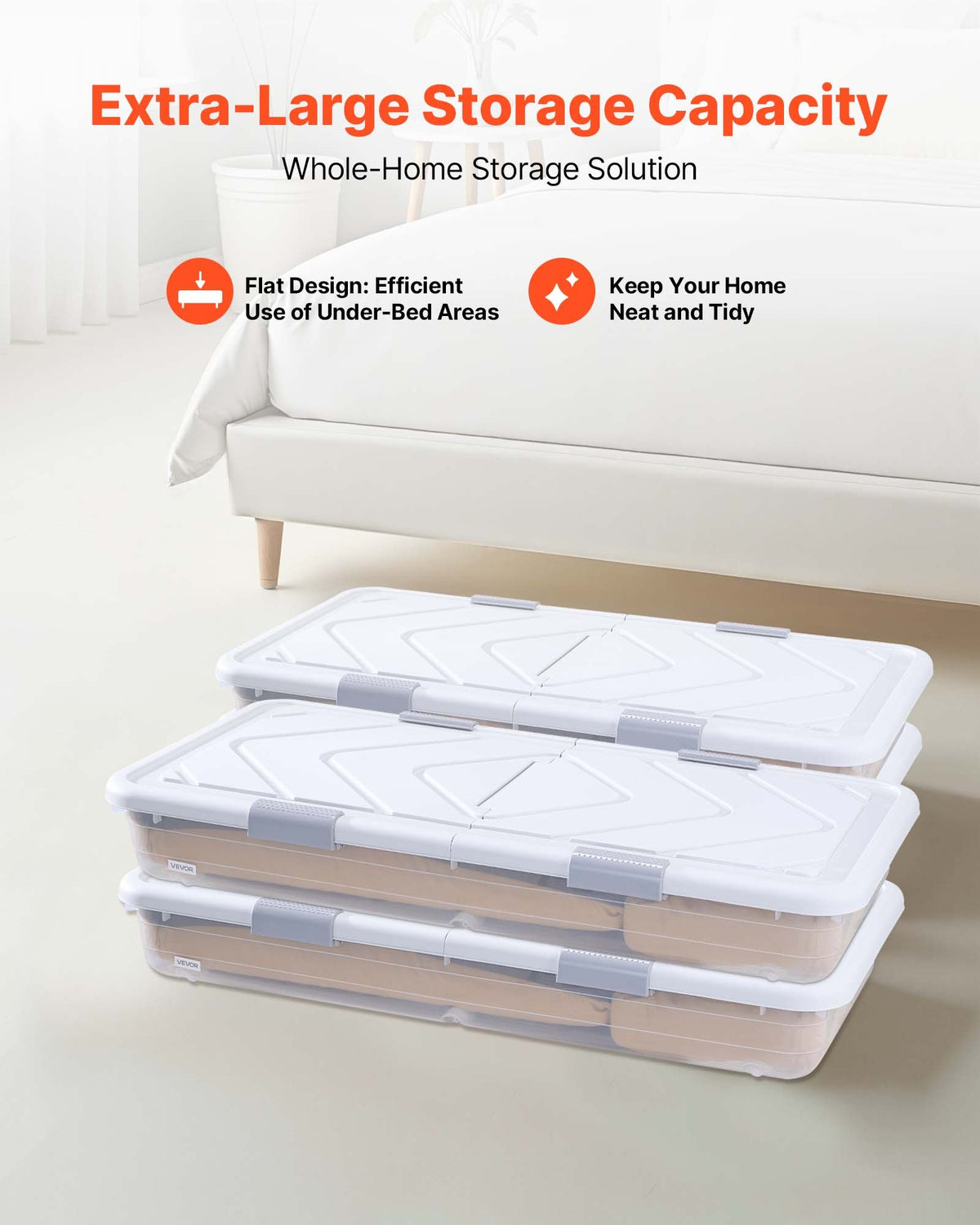 VEVOR Under Bed Storage with Wheels, 31.7 x 15.6 x 6.9 inch Underbed Containers, Underbed Shoes Organizer with Lid & Gray Latch, Rolling Under the Bed Storage Bins for Clothes Shoes Blankets, 4 Pack - CDCWFBSLDL32FA7ZF001V0 - view 3