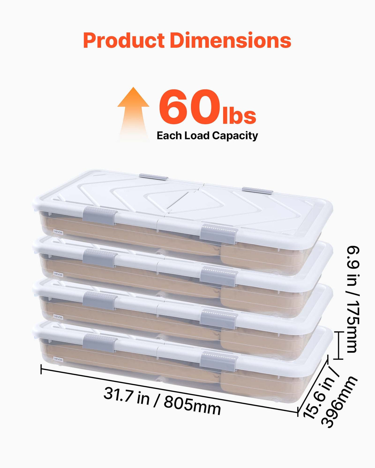 VEVOR Under Bed Storage with Wheels, 31.7 x 15.6 x 6.9 inch Underbed Containers, Underbed Shoes Organizer with Lid & Gray Latch, Rolling Under the Bed Storage Bins for Clothes Shoes Blankets, 4 Pack - CDCWFBSLDL32FA7ZF001V0 - view 4