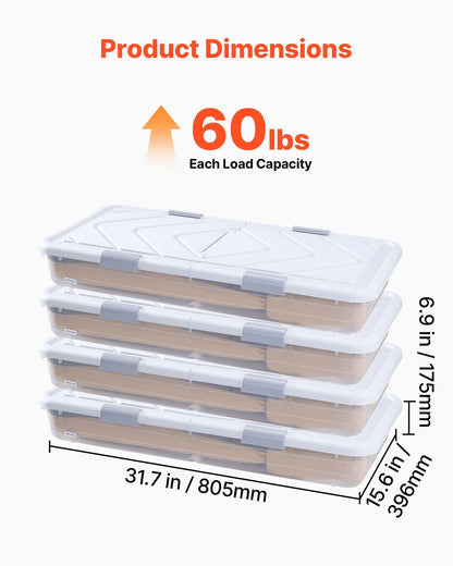 VEVOR Under Bed Storage with Wheels, 31.7 x 15.6 x 6.9 inch Underbed Containers, Underbed Shoes Organizer with Lid & Gray Latch, Rolling Under the Bed Storage Bins for Clothes Shoes Blankets, 4 Pack - CDCWFBSLDL32FA7ZF001V0 - view 4