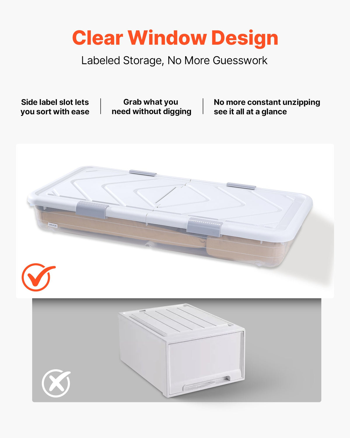 VEVOR Under Bed Storage with Wheels, 31.7 x 15.6 x 6.9 inch Underbed Containers, Underbed Shoes Organizer with Lid & Gray Latch, Rolling Under the Bed Storage Bins for Clothes Shoes Blankets, 4 Pack - CDCWFBSLDL32FA7ZF001V0 - view 5