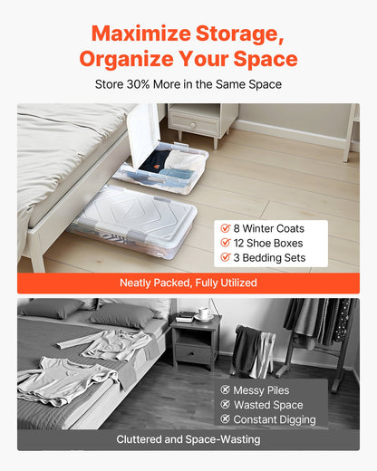 VEVOR Under Bed Storage with Wheels, 31.7 x 15.6 x 6.9 inch Underbed Containers, Underbed Shoes Organizer with Lid & Gray Latch, Rolling Under the Bed Storage Bins for Clothes Shoes Blankets, 4 Pack - CDCWFBSLDL32FA7ZF001V0 - view 7