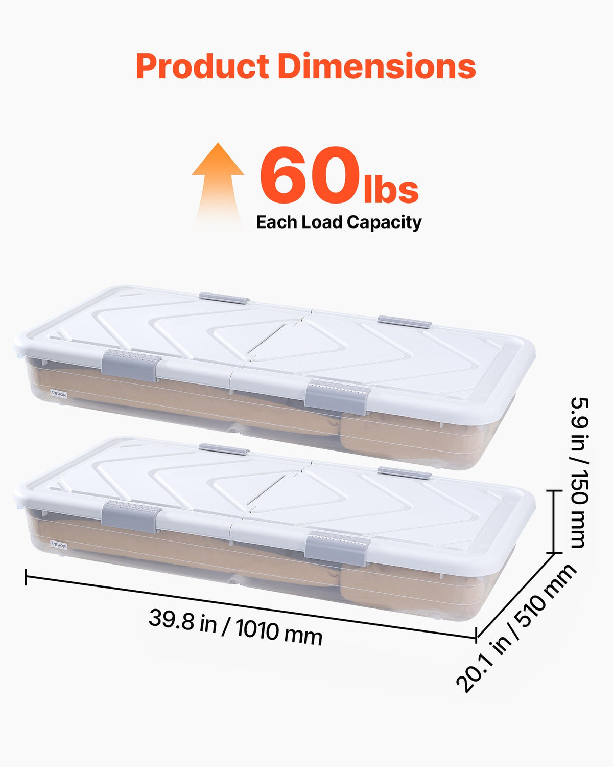 VEVOR Under Bed Storage with Wheels, 39.8 x 20.1 x 5.9 inch Underbed Containers, Underbed Shoes Organizer with Lid & Gray Latch, Rolling Under the Bed Storage Bins for Clothes Shoes Blankets, 2 Pack - CDCWFBSLDL40Y3KZR001V0 - view 4