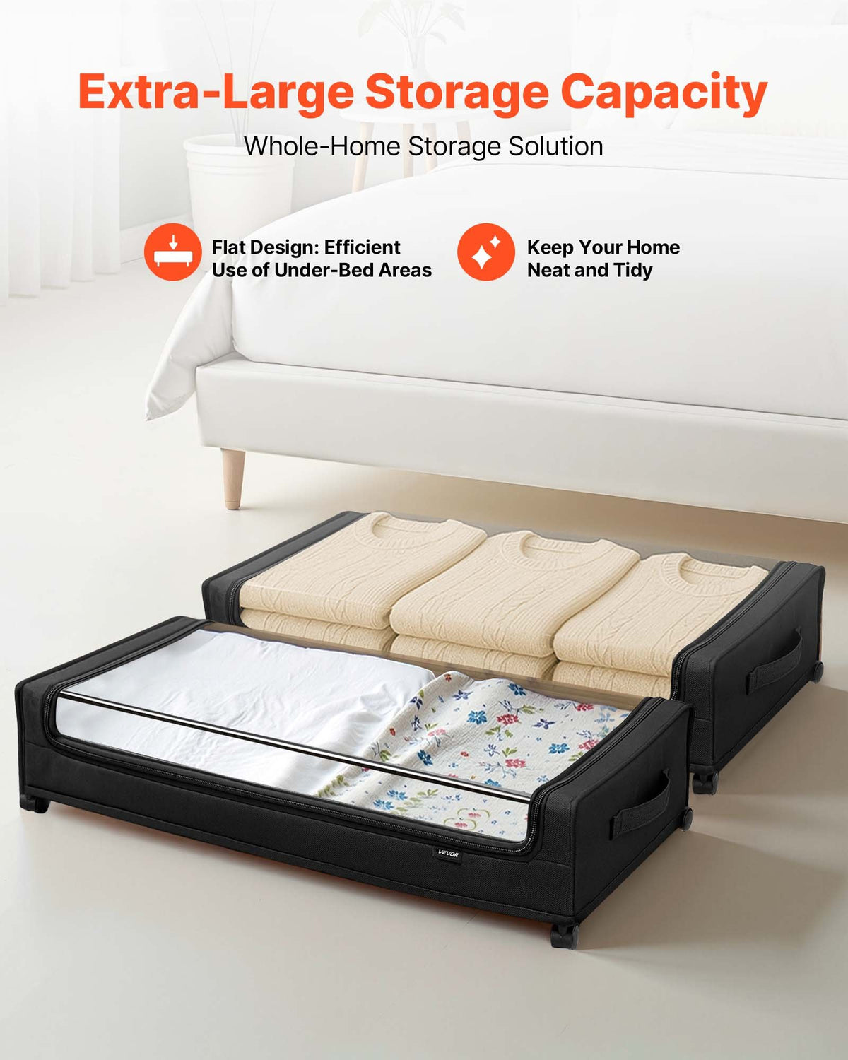 VEVOR Under Bed Storage with Wheels, 30.3 x 18.5 x 6.8 inch, Underbed Containers with Clear Lid, Underbed Shoe Organizer, Rolling Under the Bed Storage Bins for Clothes Shoes Blankets Bedroom, 2 Pack - CDCWFBTBYDL2IC6XZ001V0 - view 3