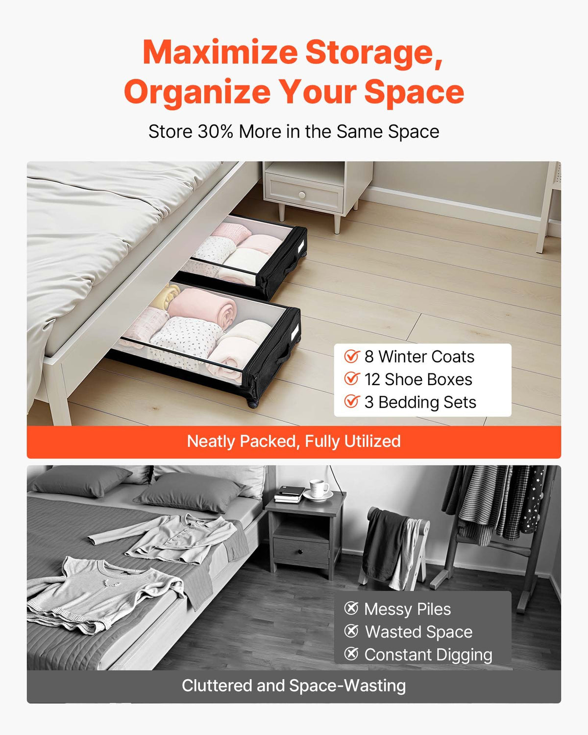 VEVOR Under Bed Storage with Wheels, 30.3 x 18.5 x 6.8 inch, Underbed Containers with Clear Lid, Underbed Shoe Organizer, Rolling Under the Bed Storage Bins for Clothes Shoes Blankets Bedroom, 2 Pack - CDCWFBTBYDL2IC6XZ001V0 - view 7