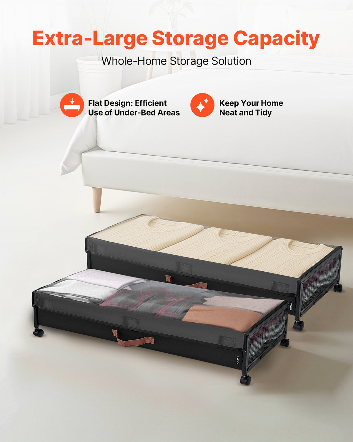 VEVOR Under Bed Storage with Wheels, 36.0 x 18.1 x 7.3 inch, Underbed Containers with Clear Lid, Underbed Shoe Organizer, Rolling Under the Bed Storage Bins for Clothes Shoes Blankets Bedroom, 2 Pack - CDCWFBTBYDL3LHKJX001V0 - view 3