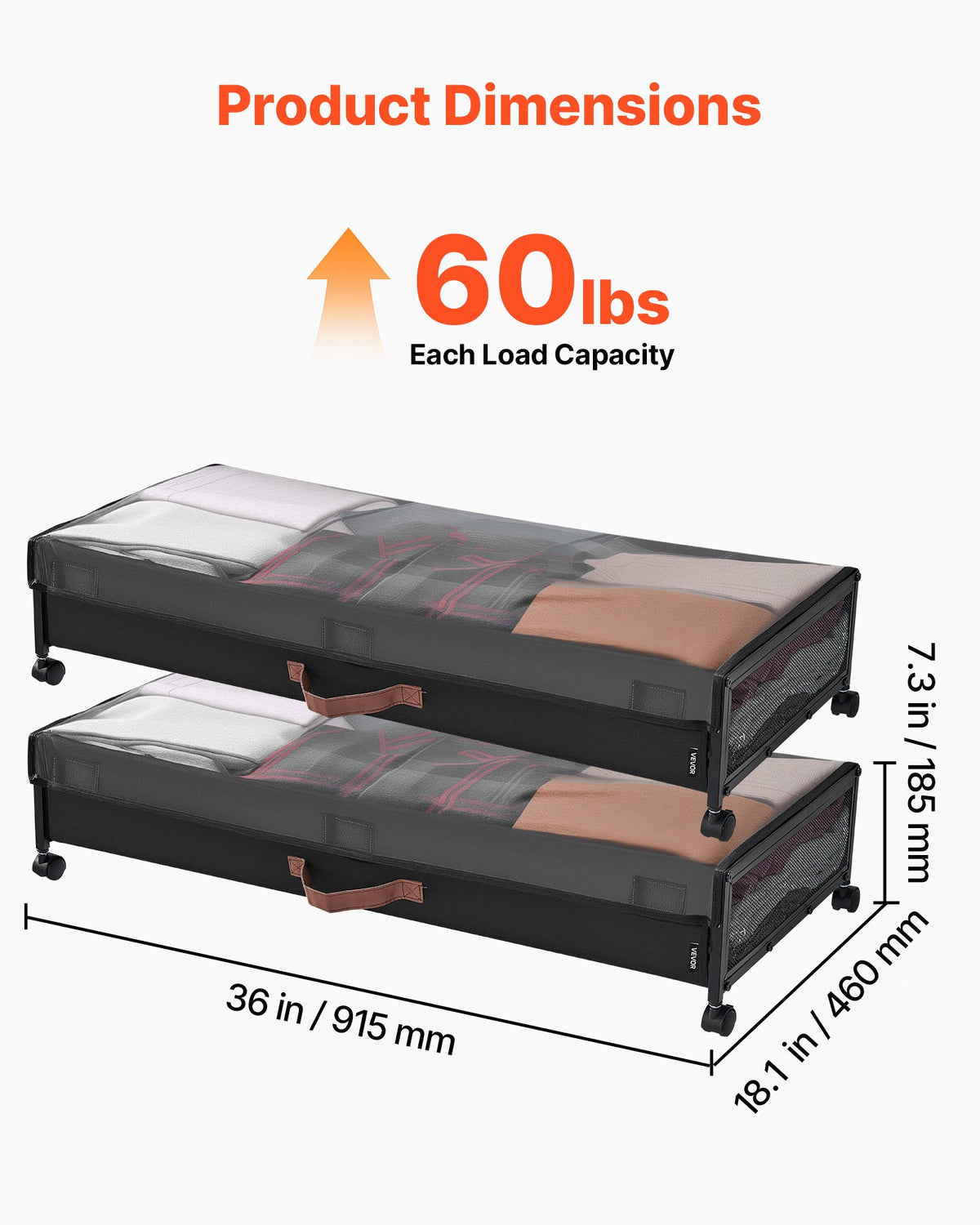 VEVOR Under Bed Storage with Wheels, 36.0 x 18.1 x 7.3 inch, Underbed Containers with Clear Lid, Underbed Shoe Organizer, Rolling Under the Bed Storage Bins for Clothes Shoes Blankets Bedroom, 2 Pack - CDCWFBTBYDL3LHKJX001V0 - view 4