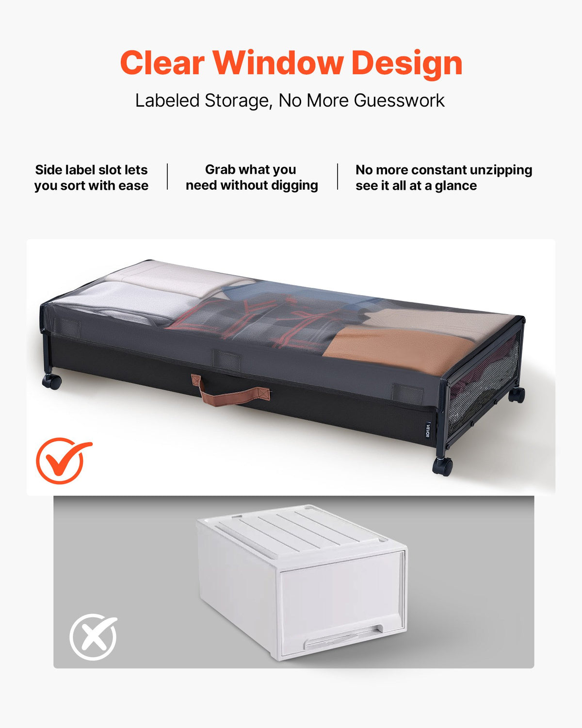 VEVOR Under Bed Storage with Wheels, 36.0 x 18.1 x 7.3 inch, Underbed Containers with Clear Lid, Underbed Shoe Organizer, Rolling Under the Bed Storage Bins for Clothes Shoes Blankets Bedroom, 2 Pack - CDCWFBTBYDL3LHKJX001V0 - view 5