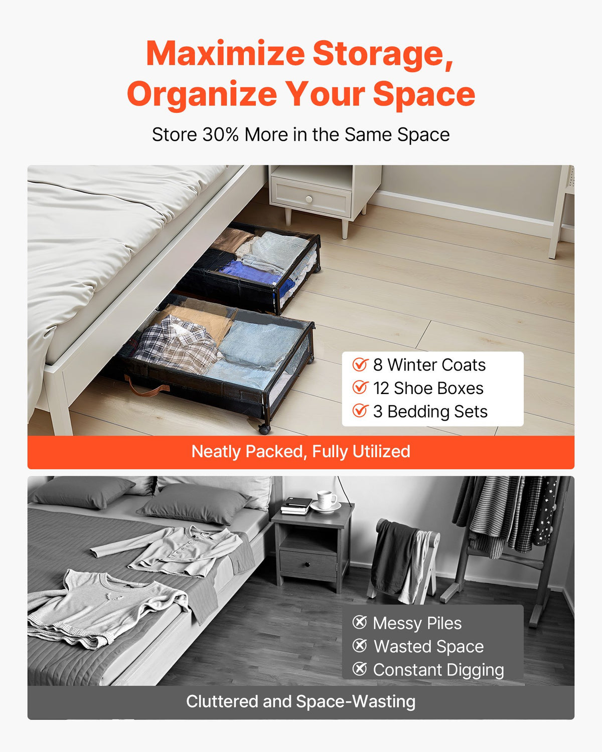VEVOR Under Bed Storage with Wheels, 36.0 x 18.1 x 7.3 inch, Underbed Containers with Clear Lid, Underbed Shoe Organizer, Rolling Under the Bed Storage Bins for Clothes Shoes Blankets Bedroom, 2 Pack - CDCWFBTBYDL3LHKJX001V0 - view 7